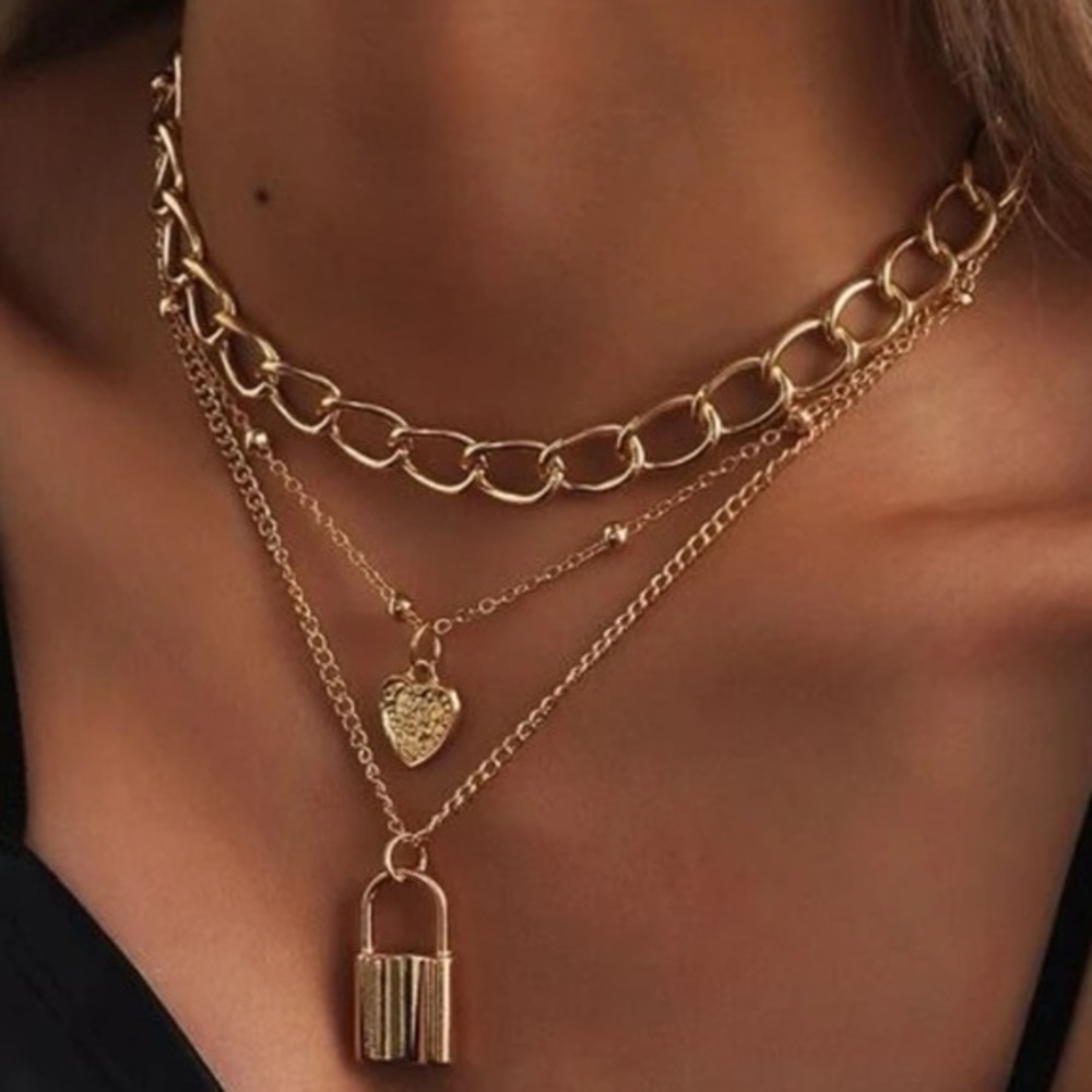 Anthropologie Minimalist Trendy Layered Gold Heart and Lock Pendant Necklace